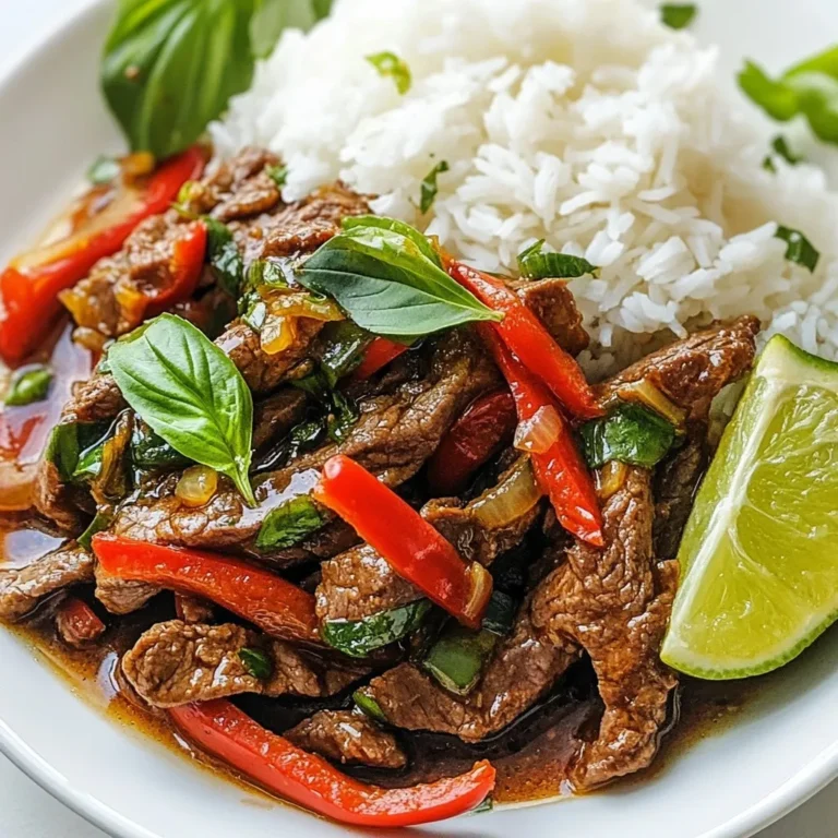 - 1 lb beef sirloin, thinly sliced - 2-3 Thai red chilies, sliced - 1 cup fresh Thai basil leaves - 2 tablespoons soy sauce - 1 tablespoon fish sauce - 1 tablespoon sugar - 1 tablespoon oyster sauce - 4 cloves garlic, finely minced - 1 red bell pepper, thinly sliced - 2 tablespoons vegetable oil for cooking - Cooked jasmine rice, about 2 cups for serving - Lime wedges - Optional: Sesame seeds for topping This dish shines with a few simple yet bold ingredients. You want to start with beef sirloin. It’s tender and flavorful. Slice it against the grain for the best bite. Thai red chilies give heat and color. Adjust how many you use based on your spice level. Fresh Thai basil is key. It adds a sweet and peppery note that makes this dish special. For the sauce, use soy sauce, fish sauce, sugar, and oyster sauce. This mix creates a balanced flavor. Don’t forget the garlic and red bell pepper. The garlic adds depth, while the bell pepper adds crunch. Finally, jasmine rice is perfect to soak up all the tasty sauce. For garnishing, lime wedges brighten the dish. You can also sprinkle sesame seeds on top for extra crunch. Each ingredient plays a role in making this dish a delight. {{ingredient_image_2}} Heat the vegetable oil in a large skillet or wok. Set the heat to medium-high. Wait until the oil shimmers. This step is key for a good sear on the beef. Add the minced garlic and sliced Thai red chilies to the hot oil. Cook for about 30 seconds. Stir constantly until the garlic smells great and turns a light gold. Be careful not to burn it. Turn the heat up to high. Quickly add the thinly sliced beef to the skillet. Stir-fry the meat for about 3-4 minutes. Cook until it is browned and reaches your desired doneness. Make sure to sear it well for the best flavor. Toss in the sliced red bell pepper next. Stir-fry everything together for another 2 minutes. The bell pepper should soften a bit but still stay crisp. In a small bowl, mix the soy sauce, fish sauce, sugar, and oyster sauce. Stir until the sugar dissolves completely. Pour this sauce over the beef and peppers. Mix thoroughly to coat everything well. Take the skillet off the heat and add the fresh Thai basil leaves. Gently fold them in. They will wilt a little from the heat. This keeps their bright color and fresh flavor. Serve the spicy basil beef over warm jasmine rice. Add lime wedges on the side for a zesty touch. Enjoy every bite of this delicious dish! For Spicy Thai Basil Beef, I recommend using beef sirloin. This cut is tender and has great flavor. Slice the beef against the grain. This helps keep the meat soft and easy to chew. Aim for thin slices, about 1/8 inch thick. This will cook quickly and absorb the sauce well. To adjust the heat, modify the number of Thai red chilies you use. If you want it mild, use just one chili. For medium heat, use two chilies. If you love spice, add three or more. You can also remove the seeds from the chilies for less heat. Always taste as you go to find your perfect balance. Stir-frying is the best technique for this dish. Start with a hot skillet or wok. Heat your oil until it shimmers. This ensures a nice sear on the beef. Keep the meat moving in the pan to avoid burning. Cook the beef in batches if your skillet is small. This helps it brown evenly. Always add vegetables after the beef is cooked. This keeps them crisp and bright. Pro Tips Use Fresh Ingredients: Opt for fresh Thai basil and high-quality beef for the best flavor. Fresh herbs can elevate the dish significantly. Control the Heat: Adjust the number of Thai red chilies based on your spice preference. Start with fewer chilies and add more if you prefer it spicier. Perfect Your Searing: Make sure your skillet is hot enough before adding the beef to achieve a good sear, which enhances the dish's flavor. Serve Immediately: This dish is best enjoyed fresh and hot. Serve it right after cooking to maintain the vibrancy of the ingredients. {{image_4}} You can easily make this dish vegetarian or vegan. Just substitute the beef with tofu or tempeh. Both options work well. Use soy sauce and mushroom sauce instead of fish sauce and oyster sauce. This keeps the flavors rich and tasty. Want to add more color and crunch? Try adding broccoli, carrots, or snap peas. These vegetables cook quickly and add great texture. Just toss them in with the bell pepper for a few extra minutes. Your dish will look and taste even better. Jasmine rice is classic, but you have options. Quinoa or brown rice can be great substitutes. You could also serve it with rice noodles for a twist. Try these alternatives to keep things fresh and interesting on your plate. Store your Spicy Thai Basil Beef in an airtight container. It keeps well in the fridge for up to three days. Make sure it cools to room temperature before sealing. This helps prevent condensation, which can make your beef soggy. To reheat, use a skillet over medium heat. Add a splash of water or broth to keep it moist. Stir occasionally until the beef is heated through. You can also use the microwave. Heat in short bursts of 30 seconds, stirring in between. This method works well to keep the texture nice. You can freeze Spicy Thai Basil Beef for up to two months. Place it in a freezer-safe container. Leave some space at the top for expansion. Thaw overnight in the fridge before reheating. This method helps preserve flavors and texture. Avoid refreezing once thawed. I recommend using beef sirloin for this dish. It is tender and flavorful. Slice it thinly against the grain for the best texture. Other good cuts include flank steak or ribeye. They both offer a nice balance of flavor and tenderness. Yes, you can prepare this dish ahead of time. Cook the beef and veggies, then store them in the fridge. It will stay fresh for up to three days. To reheat, just warm it in a skillet over medium heat. If you want, you can also freeze it for up to a month. To reduce the heat, use fewer Thai red chilies. You can also remove the seeds from the chilies. For a milder taste, try using sweet bell peppers instead. Another option is to add more sugar or soy sauce to balance the spice. This dish pairs well with jasmine rice. You can also serve it with steamed broccoli or a fresh salad. Try adding cucumber slices for a refreshing crunch. Lime wedges are a must for extra flavor! In summary, this Spicy Thai Basil Beef dish uses fresh ingredients and bold flavors. We discussed key tips, like cutting beef and adjusting spice levels. Remember to sauté garlic to enhance taste and finish with fresh basil. For variety, you can explore vegetarian options or add extra veggies. Proper storage helps maintain taste, and reheating correctly brings back that fresh bite. Enjoy your cooking journey!